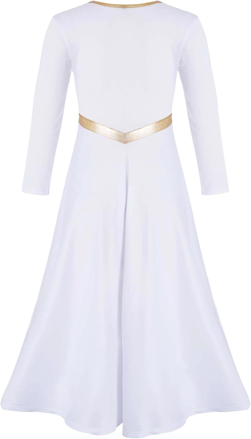 Kids Girls Metallic Bell Long Sleeve Lyrical Gowns Worship Costume Liturgical Church Praise Dress Dancewear