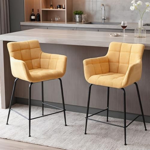 chairus Lot de 2 Tabourets de Bar avec Accoudoirs Modernes Chaise Fauteuil Haute en Tissu Tabourets de Comptoir pour Cuisine avec Repose-Pieds (Jaune-2)