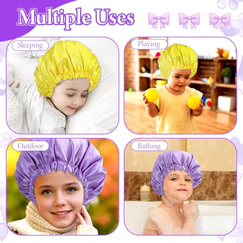 2 Pcs Baby Bonnet, Double Layer Satin Bonnet for Kids Silk Adjustable Kids Sleeping Cap Soft Wide Band Sleep Cap for Sleeping Night Hat for Toddler Child Natural Hair Curly Hair(Pueple+Yellow)4