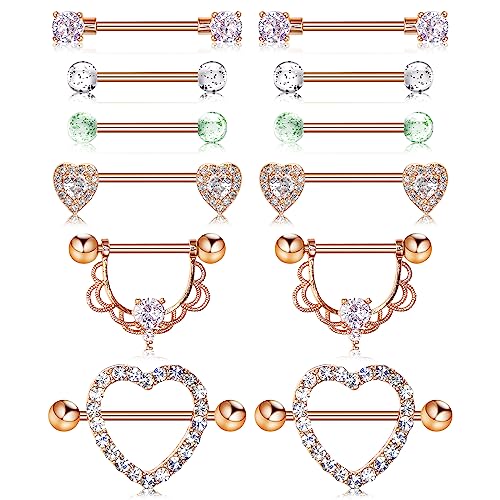 Bewudy 6 Paare Nippel-Piercing-Ringe, Body-Schmuck für Frauen, Barbells Damen (Gold)