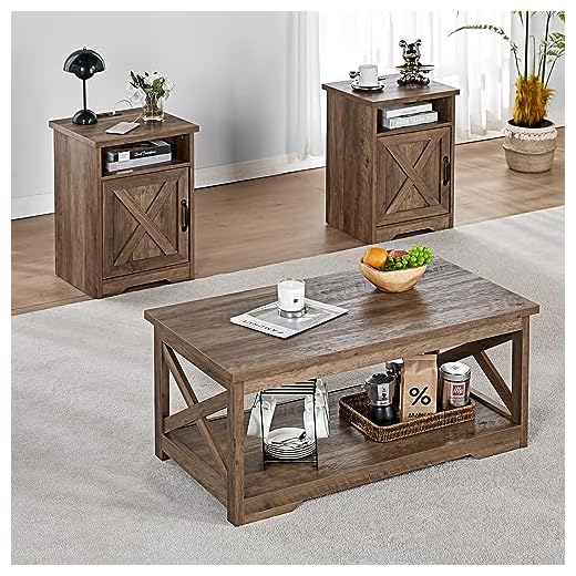 AMERLIFE 3-Piece Farmhouse Table Set Includes Coffee Table& Two End Tables, Side Table with Charging Station and USB Ports, for Living Room, Barnwood