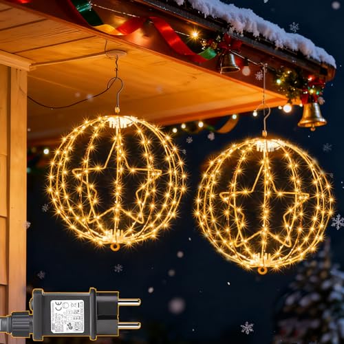 Yowin 2 Stück Weihnachtsbeleuchtung Außen 30CM 200 LED Leuchtkugel Weihnachten mit Stecker, Timer, Hängen Beleuchtete Weihnachtskugeln 8 Modi wasserdichte Lichterkugel für Innen Deko - Weißer Rahmen