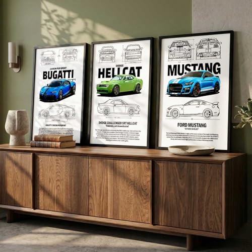 Image of walllane Big Bugatti Chiron, Dodge Hellcat, Ford Mustang Cars Framed Posters Gift Items for Boys Room Wall Decoration Bedroom Living Room Office Studio Decor | Car Poster Frame for Wall Decor Set Of 3 Size(10x13 inch), Framed)