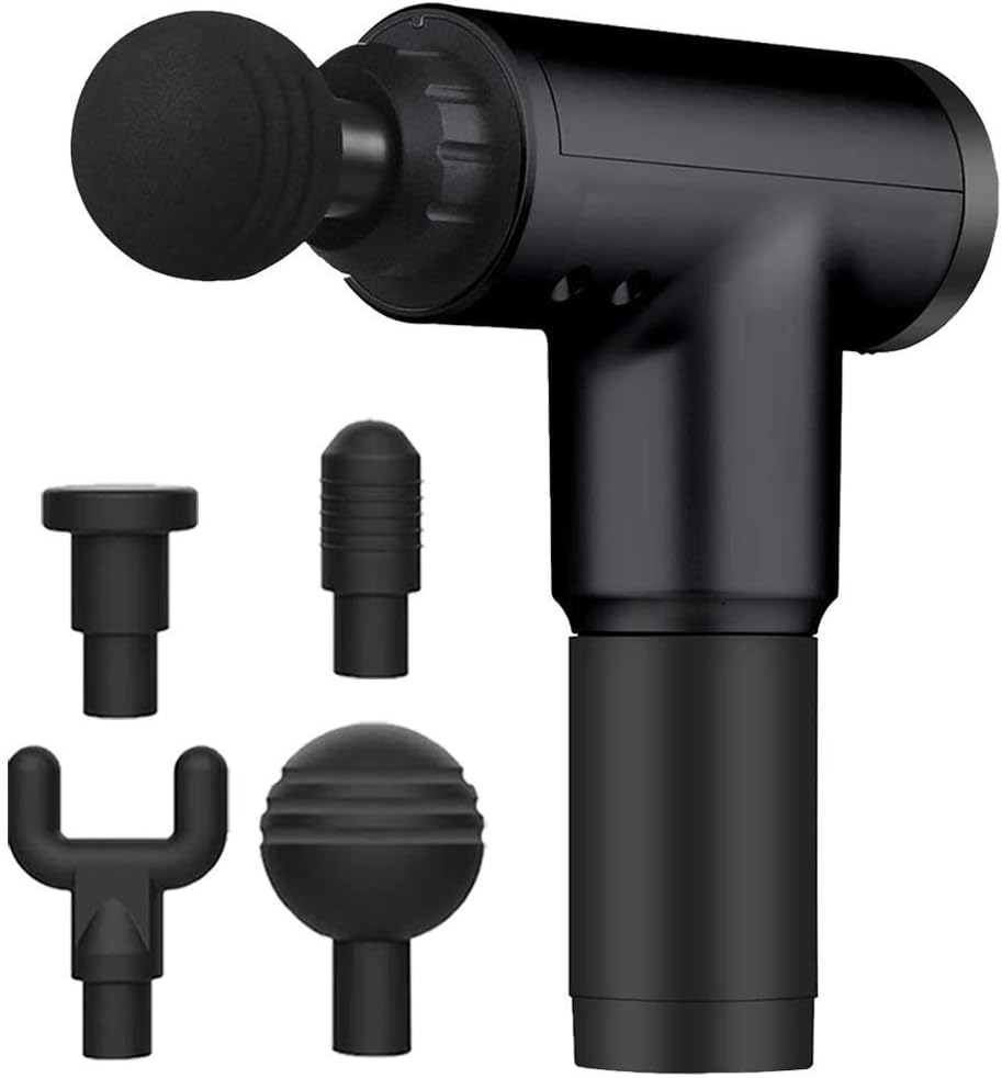BELLUXA Muscle Body Massager Gun with 6-speed, for Pain and Stress Relief with 4 Massage Head, Battery Powered, Black