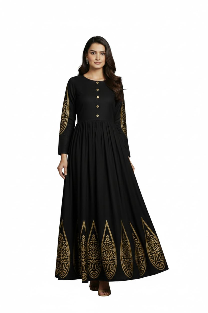 Women's Black Anarkali Maxi Dress with Gold Boota Print, Long Sleeve Ethnic Gown, Cotton Blend, Button Detail