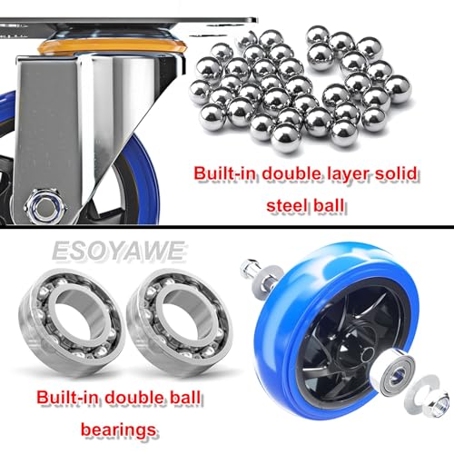 高耐久工業用スイベルキャスター 固定ホイール 4個 4インチ 5インチプレートラバーキャスター、ダブルボールベアリング静音交換用フッ