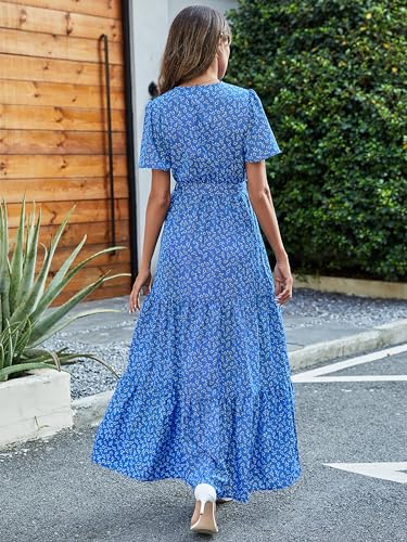 Image of MASCOMODA Women Boho Swiss Dot Maxi Dresses Wrap V Neck Flutter Short Sleeve Solid Tie Waist A Line Tiered Flowy Long Dresses
