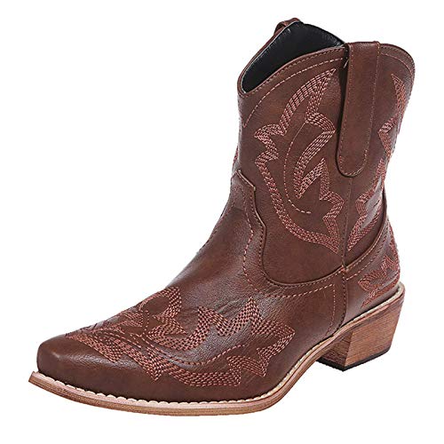 Cowboy Boots For Women 2025 Pointed Toe Wide Calf Western Flower Embroidered Chunky Heel Mid Calf Ankle Boots Retro Leather Western Cowboy Knee High Booties