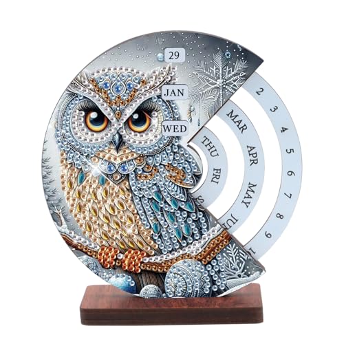 Image of 3D Diamond Art Tabletop Calendar Kit, DIY Wooden Perpetual Desk Ornament with Snow Owl Design, Sparkling Diamond Painting Craft for Winter Desktop Decoration