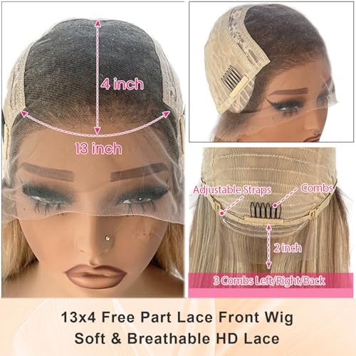 Image of Highlight Ombre 13x4 Lace Front Wig Human Hair 22 Inch Chocolate Brown to Bleach Blonde Highlights HD Transparent Lace Frontal Wigs Pre Plucked 180% Density Human Hair Lace Front Wigs for White Women