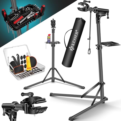 KESSER® Fahrradmontageständer Profi Reparaturständer Aluminium für Fahrräder Mountainbikes E-bike Schwerlast-Montageständer Fahrradständer +Tasche mit Schnelllösevorrichtungen 360° drehbar, Anthrazit