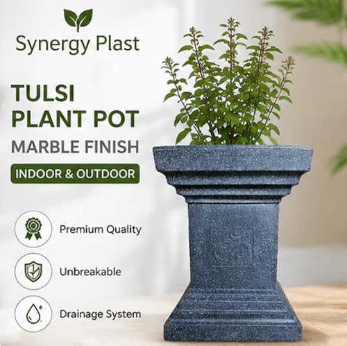 Image of Synergy Plast Tulsi Plant Pot for Indoor Outdoor Use (Marble Grey) | Marble Finish Fiber Planter with Drainage Hole | Decorative Tulsi Gamla for Home Balcony Garden Terrace | Size:- 16X16X22 Inches