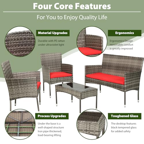 Image of PayLessHere Outdoor Furniture Set 4 Pcs Modular Patio Furniture Set Water Resistant Conversation Set with 3 Rattan Chairs 1 Tempered Glass Topped Table for Patio Poolside, Gray Wicker /Red Cushions