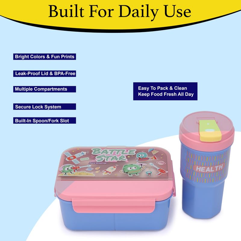 Image of Lunch Boxes 600 ml with 500ml Water Bottle Combo| Plastic 3 Compartment Leakproof Bento Box for School Picnic Office Boys and Girls - 4-Side Lock (Color - Pink)