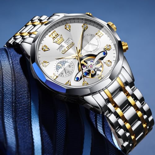 Image of OLEVS Men Automatic Watch Diamond Skeleton Mechanical Luxury Self Winding Moon Phase Calendar Waterproof Wrist Watch for Men