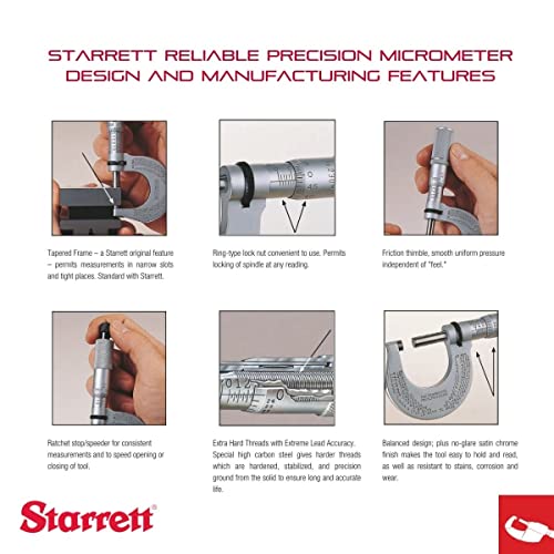 Starrett Outside Micrometer With Advanced Sleeve Design, Satin Chrome Finish And Insulated Frame - Quick And Easy Adjustment, 0-1" Range, 0001" Graduations - T444.1Xrl-1 #TOP2