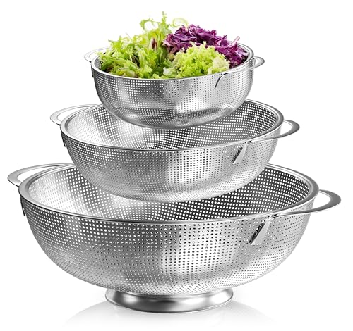 AUSELECT Stainless Steel Colander - Set of 3 Strainer with Handles for Kitchen, Heavy Duty Strainers Bowl for Rinsing, Washing, Ideal for Pasta, Spaghetti, Vegetables, Fruit, and Pot Draining