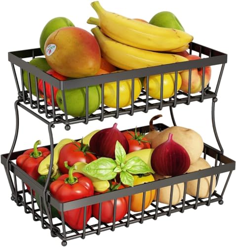 LANDTOM® 2 Tier Black Countertop Fruit Basket Bowl for Kitchen Metal Wire Storage Rack Fruits Stand Holder Organizer for Bread Snack Veggies (Small)