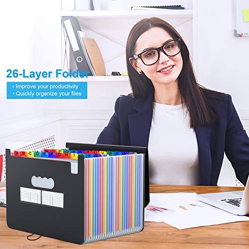 BluePower 26 Pockets Accordian File Folder Organizer, Expanding Filing Box A4 Letter Size Expandable Plastic Folders, Portable Accordion Document Paper/Bill/Receipt/Files with 3 Pcs A-Z Alphabet Tabs