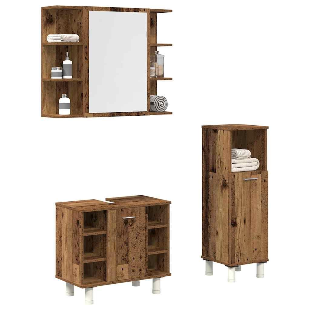 Set Mobili da Bagno 3 Pezzi in Legno Multistrato Effetto Antico | Arredo completo per stanza da bagno con specchiera e mobili contenitori salvaspazio per organizzare ogni accessorio.