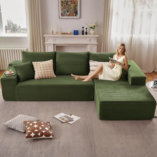 Image of 107 inch Cloud Sectional Couch with L-Shape Chaise, Modern Modular Comfy Sofa Chaise Longue, Upholstered Corduroy Couches Sleeper with Deep Seat for Living Room Bedroom, No Assembly Required, Green