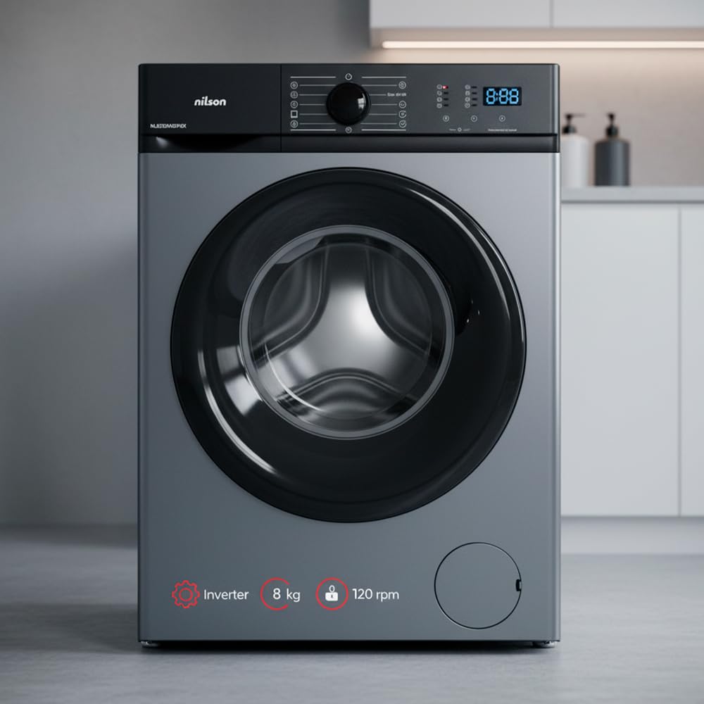 Nilson Lavadora 8Kg Carga Frontal Inox NL8200AIDVBX. 1200 rpm, Motor Inverter, 15 Programas, Eco-logic System, Tambor Acero Inoxidable, Clase de Eficiencia Energética A