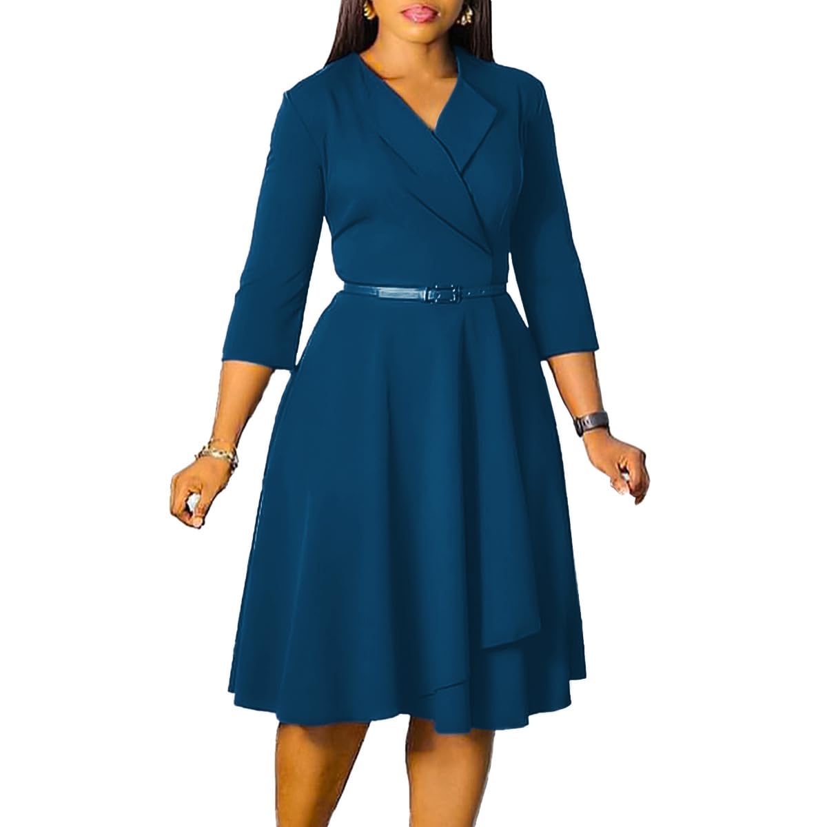 Elainone Women 3/4 Sleeve Casual Swing Flared A Line Dress Wedding Guest Semi Formal Office Work Dresses with Belt
