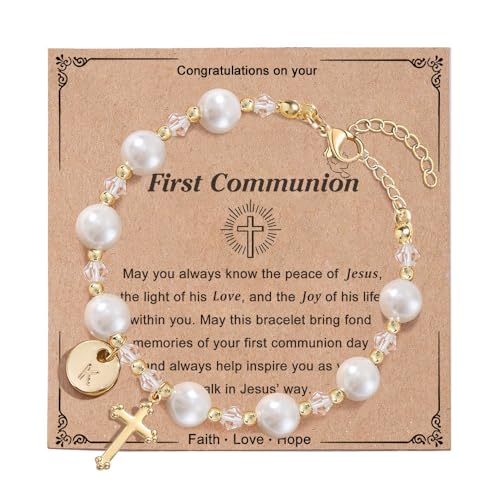 Initial A-Z Letter First Communion Gifts for Girls,Rosary Pearl Cross Bracelet for Christian Catholic Goddaughter - Main Image