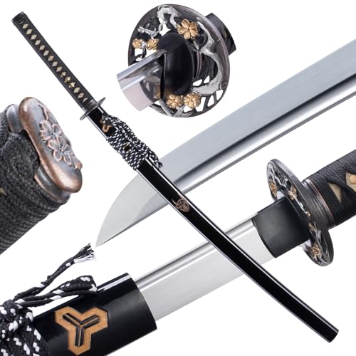 ZJLQYS Black Katana Samurai Sword - Full Tang 9260 Spring Steel Sharp Blade with Blood Groove,Real Handmade Japanese Sword for Adults,41 in (Cherry Blossom Theme)
