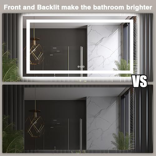 66"x36" LED Lit Bathroom Mirror, Front and Backlit LED Mirror, Anti-Fog Bathroom Mirror with Lights, 3 Colors Stepless Dimmable Mirror, Touch Sense (Horizontal/Vertical)