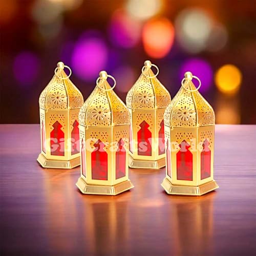 Image of Stainless Steel Moroccan Lanterns & Candle Holders for Home Decor - Unique Diwali & Christmas Gifts (Red, Set of 4)