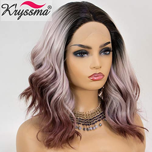 K'ryssma 3 Tone Ombre Lace Front Wig Colorful Short Bob Synthetic Wig Dark Roots Pink to Dark Copper Straight Short Wig