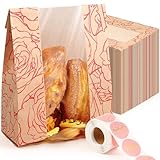 Perthlin Paquete de 100 bolsas de pan a granel para pan casero, bolsas de pan kraft de masa madre con 500 calcomanías de amor, bolsas de papel grandes con ventana transparente para almacenamiento de