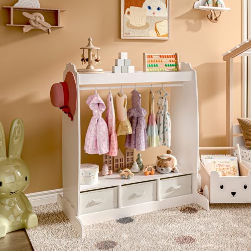 [en.casa] Penderie pour Enfants Portant à Vêtements Portemanteau avec 3 Boîtes de Rangement Pliable Crochet Barre de Penderie MDF Polyester Métal 107 x 95...