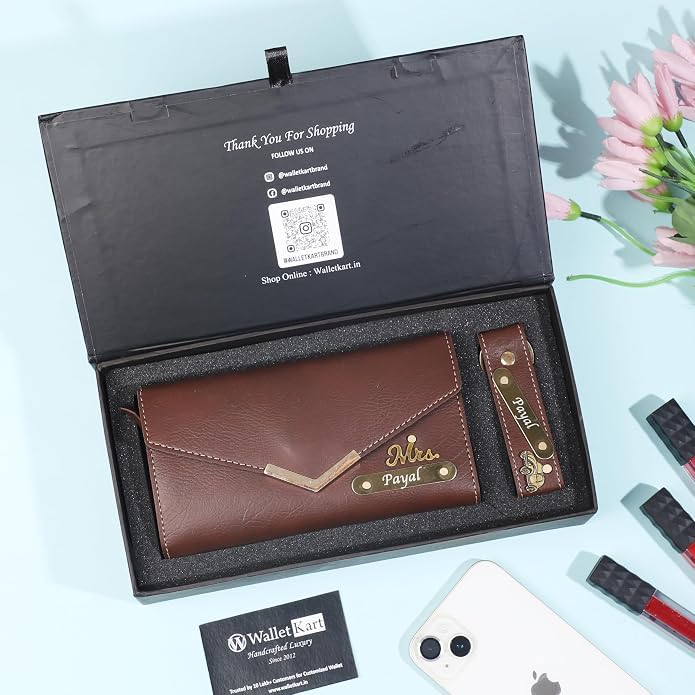 Image of WALLETKART Personalized Leather Women's Clutch with Name & Charm | Customized Clutch for Girlfriend Friend Wife Mother & Sister