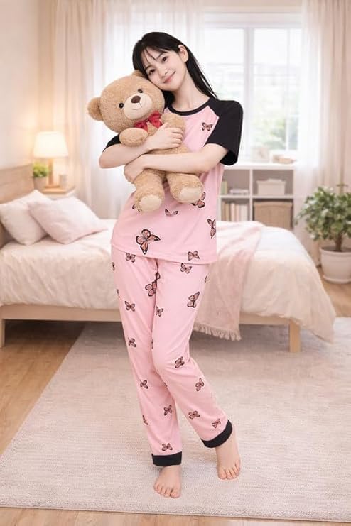 Image of LUXERUDRA Women's Pajama Set, Soft Breathable Korean Style Nightsuit with Top & Full Pants, Lightweight Loose Fit Nightwear & Loungewear for Girls & Women.