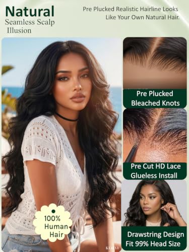 Image of KLAIYI Bye Bye Slip Loose Body Wave Glueless Pre Cut 7X5 Lace Front Wigs Human Hair Drawstring 30S Ready to Wear and Go Wig Pre Plucked Bleached Knots Bouncy Curls Pre Everything Beginners Wig 16Inch