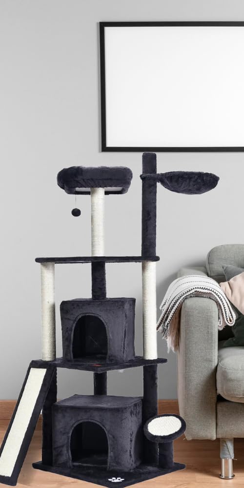 Modern Cat Tree with Beds and Scratchers, 156 cm Cat Tower Indoor Multiple-Level Cat Houses Toys for Your Kittens, Cats with Sisal Post, Hammock بيت قطط Climbing العاب (Dark Grey)