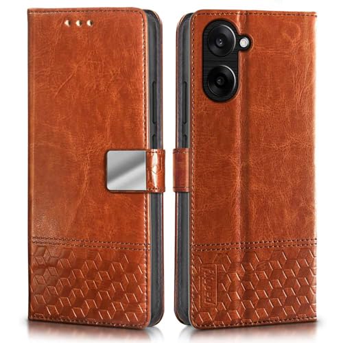 Image of FLIPPED Hand Stitched Honeycomb Dual Design Back Flip Cover Case for 1+ OnePlus Nord CE 5 5G (Shock Proof | Leather Finish | Wallet Case Card Holders & Stand) - Tanned Brown