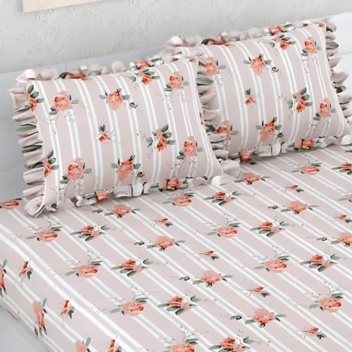Image of 380 TC Premium Glace Cotton Elastic Fitted Bedsheet King Size with 2 Pillow Covers King Size | Double Bed with All Around Elastic (PinkRose, Fitted - 72 inchx78 inch King)