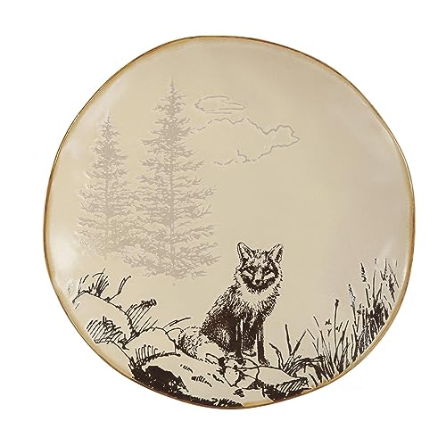 Image of Paseo Road White Pine 16 Piece Ceramic Dinnerware Set, Pine Tree Bear Deer Moose Fox Print, Modern Rustic Cabin Lodge Dish Set with Plates, Bowls, Mugs