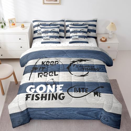 Erosebridal 7Pcs Comforter Set Queen Size, Fishing Theme Bed in a Bag with Flat Sheet and Fitted Sheet for Kids and Adults, Camping Decor Bedding Set with Pillowcases & Throw Pillow Covers