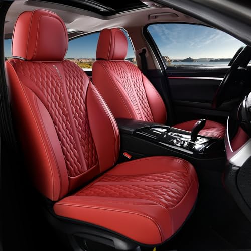 Image of Coverado Car Seat Covers Full Set, Waterproof Nappa Leather Seat Covers for Cars, Front and Back Car Seat Protector, Luxury Car Seat Covers, 5 Seats Universal Red Car Seat Cover Fit for Most Cars