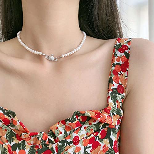 FENLDY Rhinestone Faux Planet Saturn Pearl Necklace for Women Jewelry, Fake Pearl Collar Pendant a Necklace Men with Charm for Girls Y2k Jewelry Ladies' Wedding Pearl Bead Chain Crystal Choker3