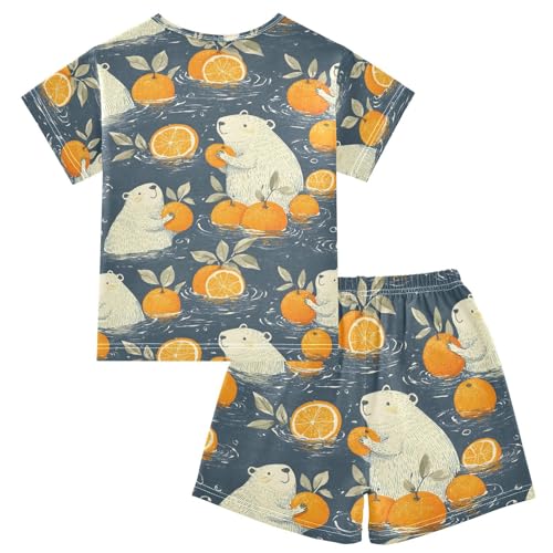 ALAZA Polar Bear Fruit Orange Pajamas Set Short Sleeve Cotton Sleepwear Summer Pjs 2 Piece 5-14Y2