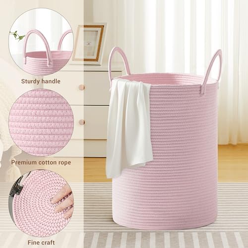 Image of 72L Large Tall Cotton Rope Laundry Basket with Handles, Pink