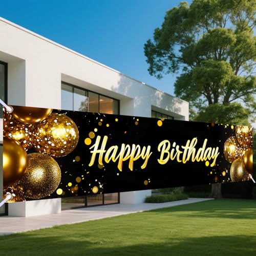 Image of Nuxovilar Happy Birthday Gold Balloon Banner 79x18in Polyester Backdrop | Birthday Party Supplies, Birthday Party Decor. Gold Balloon Banner. Yard, Room, Patio. (Gold Balloon Pattern)