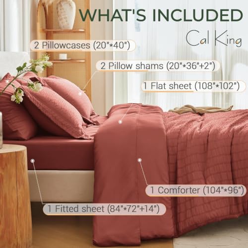 Image of MUXHOMO 7 Pieces California King Comforter Set, Seersucker Bed in a Bag Cal King Size, All Season Luxury Bedding Set with Comforter, Flat Sheet, Fitted Sheet, Pillowcases & Shams, Coral