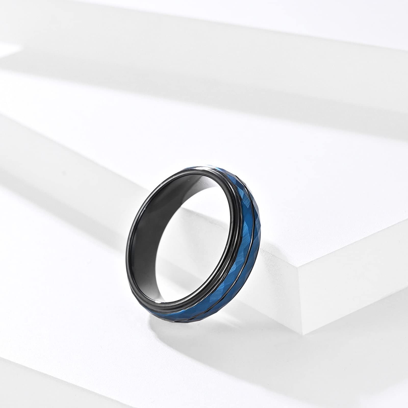 Epinki 2 Pezzi Anelli Fidanzamento, Anello Coppia 5MM Geometrico Blu Nero Tungsteno Anello per Matrimonio