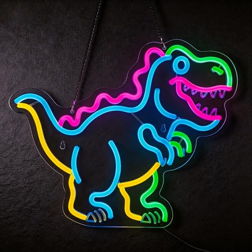 Image of Kids Dinosaur Neon Light - Dimmable LED Decor for Children's Bedroom, Dinosaur Birthday Party Decor, Gift for Boys & Girls Age 5-12, 15x12.4 inch USB Powered